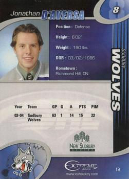 2004-05 Extreme Sudbury Wolves (OHL) #19 Jonathan D'Aversa Back