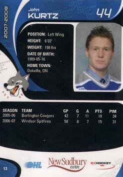 2007-08 Extreme Sudbury Wolves (OHL) #13 John Kurtz Back