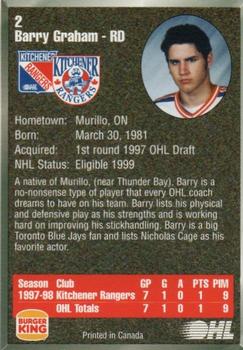 1998-99 Burger King Kitchener Rangers (OHL) #2 Barry Graham Back