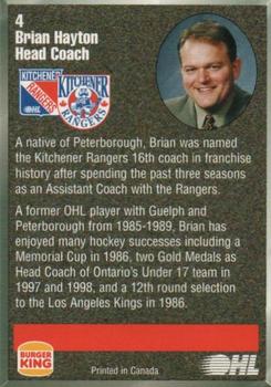 1998-99 Burger King Kitchener Rangers (OHL) #4 Brian Hayton Back