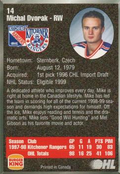1998-99 Burger King Kitchener Rangers (OHL) #14 Michael Dvorak Back