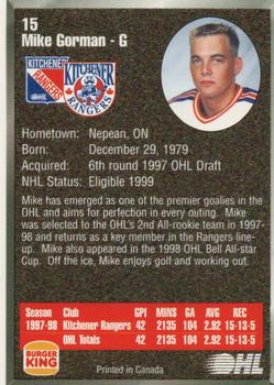 1998-99 Burger King Kitchener Rangers (OHL) #15 Mike Gorman Back