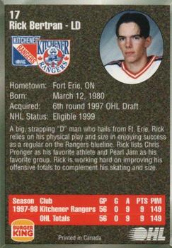 1998-99 Burger King Kitchener Rangers (OHL) #17 Rick Bertran Back