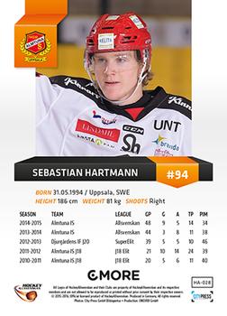 2015-16 Playercards HockeyAllsvenskan #HA-028 Sebastian Hartmann Back