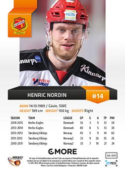 2015-16 Playercards HockeyAllsvenskan #HA-041 Henric Nordin Back