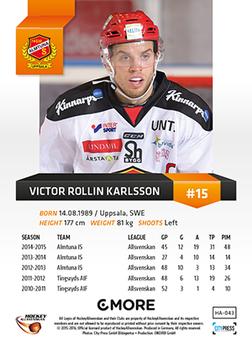 2015-16 Playercards HockeyAllsvenskan #HA-043 Victor-Rollin Carlsson Back