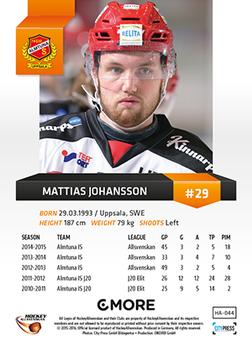 2015-16 Playercards HockeyAllsvenskan #HA-044 Mattias Johansson Back
