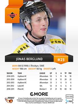 2015-16 Playercards HockeyAllsvenskan #HA-049 Jonas Berglund Back