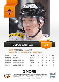 2015-16 Playercards HockeyAllsvenskan #HA-054 Tuomas Salmela Back