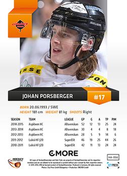 2015-16 Playercards HockeyAllsvenskan #HA-056 Johan Porsberger Back