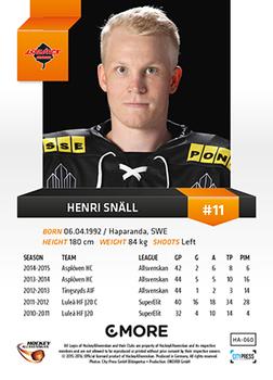 2015-16 Playercards HockeyAllsvenskan #HA-060 Henri Snäll Back