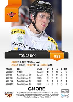 2015-16 Playercards HockeyAllsvenskan #HA-065 Tobias Dyk Back