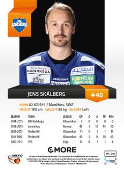 2015-16 Playercards HockeyAllsvenskan #HA-091 Jens Skålberg Back