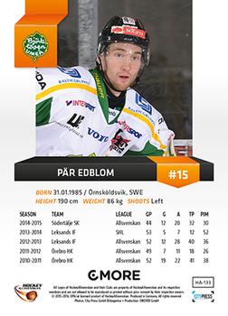 2015-16 Playercards HockeyAllsvenskan #HA-133 Pär Edblom Back