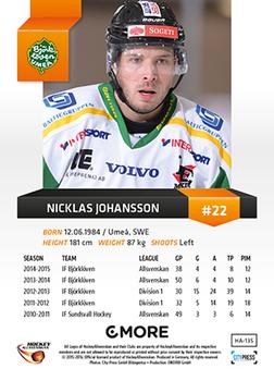 2015-16 Playercards HockeyAllsvenskan #HA-135 Nicklas Johansson Back