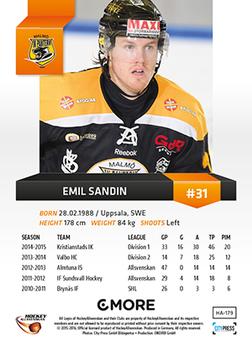 2015-16 Playercards HockeyAllsvenskan #HA-179 Emil Sandin Back