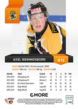 2015-16 Playercards HockeyAllsvenskan #HA-187 Axel Wemmenborn Back