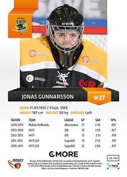 2015-16 Playercards HockeyAllsvenskan #HA-194 Jonas Gunnarsson Back