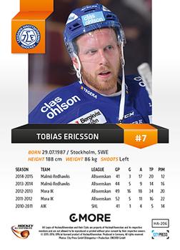 2015-16 Playercards HockeyAllsvenskan #HA-206 Tobias Ericsson Back