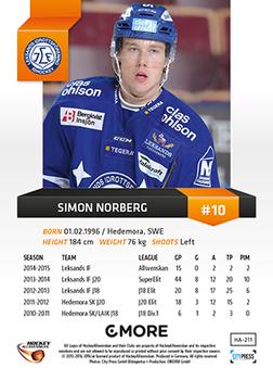 2015-16 Playercards HockeyAllsvenskan #HA-211 Simon Norberg Back