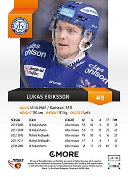 2015-16 Playercards HockeyAllsvenskan #HA-212 Lukas Eriksson Back