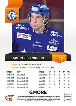 2015-16 Playercards HockeyAllsvenskan #HA-216 Simon Erlandsson Back