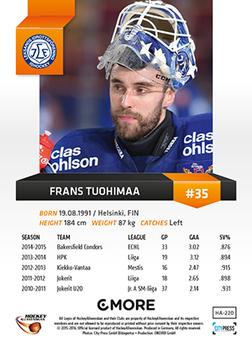 2015-16 Playercards HockeyAllsvenskan #HA-220 Frans Tuohimaa Back