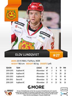 2015-16 Playercards HockeyAllsvenskan #HA-235 Olov Lundqvist Back