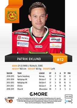 2015-16 Playercards HockeyAllsvenskan #HA-240 Patrik Eklund Back