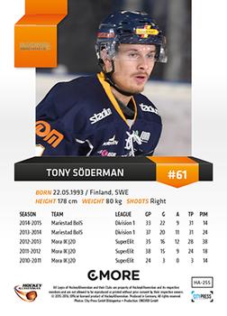 2015-16 Playercards HockeyAllsvenskan #HA-255 Tony Söderman Back