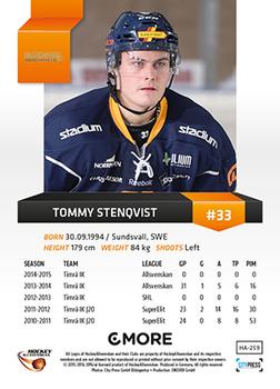 2015-16 Playercards HockeyAllsvenskan #HA-259 Tommy Stenqvist Back