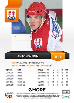 2015-16 Playercards HockeyAllsvenskan #HA-281 Anton Wedin Back