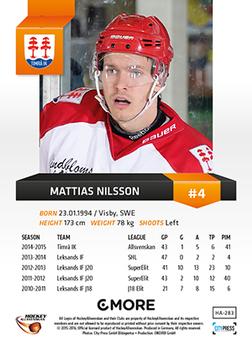 2015-16 Playercards HockeyAllsvenskan #HA-283 Mattias Nilsson Back