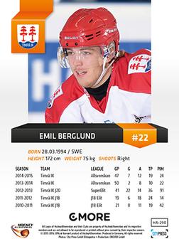 2015-16 Playercards HockeyAllsvenskan #HA-290 Emil Berglund Back