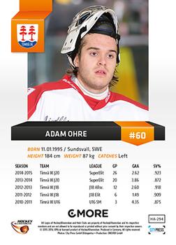 2015-16 Playercards HockeyAllsvenskan #HA-294 Adam Ohre Back