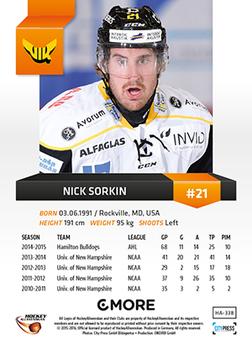 2015-16 Playercards HockeyAllsvenskan #HA-338 Nick Sorkin Back
