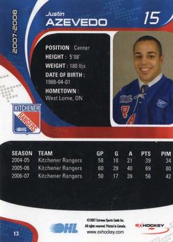 2007-08 Extreme Kitchener Rangers (OHL) #13 Justin Azevedo Back