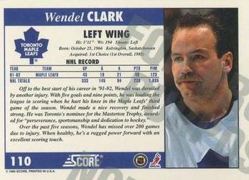 1992-93 Score - Samples #110 Wendel Clark Back
