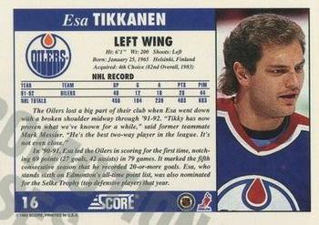 1992-93 Score - Samples #16 Esa Tikkanen Back