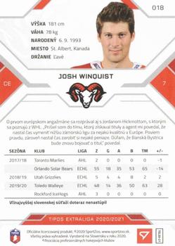 2020-21 SportZoo Tipos Extraliga #018 Josh Winquist Back