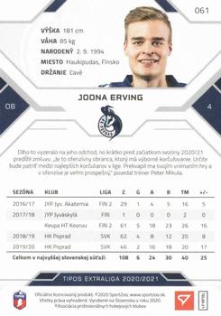 2020-21 SportZoo Tipos Extraliga #061 Joona Erving Back