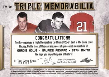 2020-21 Leaf In The Game Used - Triple Memorabilia Platinum Blue #TM-09 Gordie Howe / Maurice Richard / Stan Mikita Back