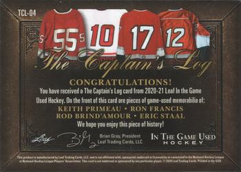 2020-21 Leaf In The Game Used - The Captain’s Log #TCL-04 Keith Primeau / Ron Francis / Rod Brind'Amour / Eric Staal Back