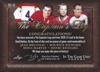 2020-21 Leaf In The Game Used - The Captain’s Log Magenta #TCL-13 Jean Béliveau / Maurice Richard / Doug Harvey / Henri Richard Back