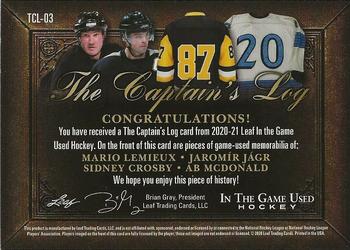 2020-21 Leaf In The Game Used - The Captain’s Log Emerald #TCL-03 Mario Lemieux / Jaromír Jágr / Sidney Crosby / Ab McDonald Back