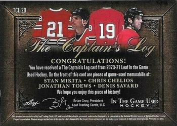 2020-21 Leaf In The Game Used - The Captain’s Log Gold #TCL-20 Stan Mikita / Chris Chelios / Jonathan Toews / Denis Savard Back