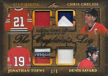 2020-21 Leaf In The Game Used - The Captain’s Log Gold #TCL-20 Stan Mikita / Chris Chelios / Jonathan Toews / Denis Savard Front