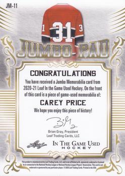 2020-21 Leaf In The Game Used - Jumbo Memorabilia Purple #JM-11 Carey Price Back