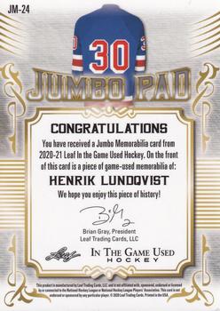 2020-21 Leaf In The Game Used - Jumbo Memorabilia Purple #JM-24 Henrik Lundqvist Back