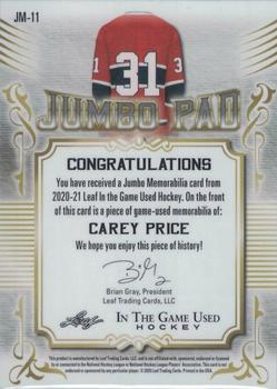 2020-21 Leaf In The Game Used - Jumbo Memorabilia Silver #JM-11 Carey Price Back